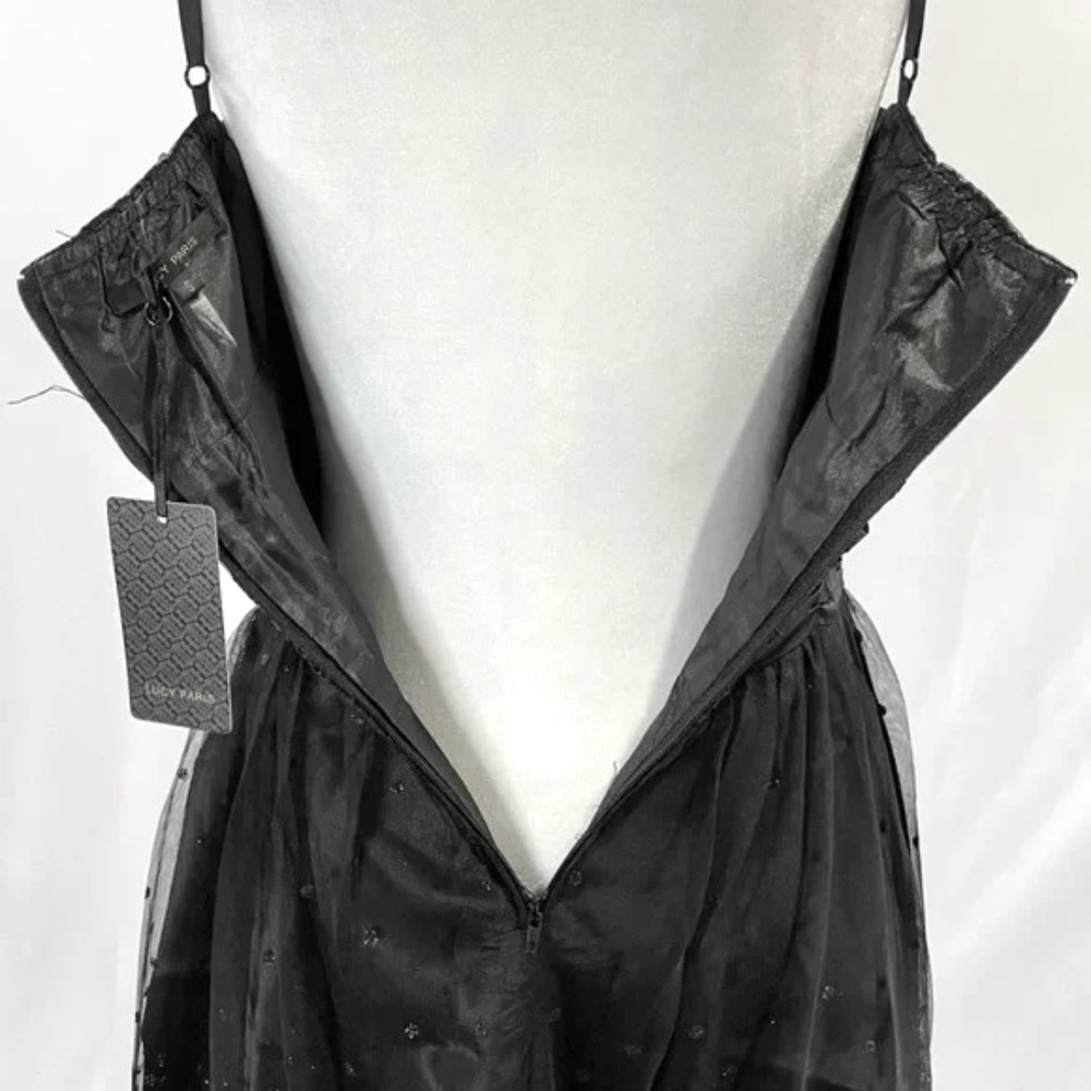 New Lucy Paris Glitter Polka Dot Tulle Ruched Satin Waist Dress Black Size Small - Picture 12 of 16